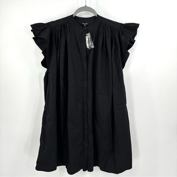 Madewell Flutter Sleeve Button-Front Mini Dress in Poplin in black Size XS - Picture 3 of 10